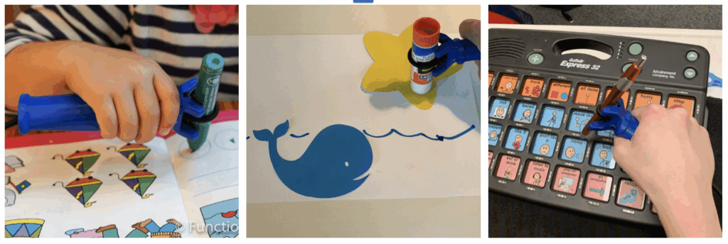 A collage of 3 images of children using the functionalhand® adaptive equipment universal cuff to complete a worksheet, do a craft project, and use a stylus with a digital device.